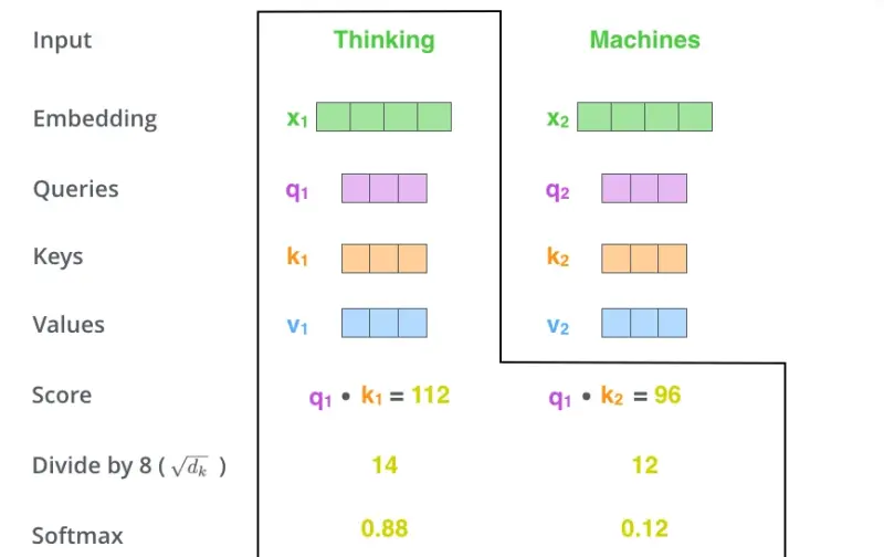 Softmax-normalized attention scores